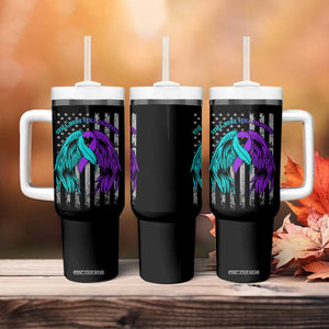 Suicide Prevention Awareness Tumbler With Handle Teal Purple Ribbon Still Here Still Fighting American Flag Therapist Psychologist TB10 Print Your Wear