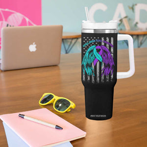Suicide Prevention Awareness Tumbler With Handle Teal Purple Ribbon Still Here Still Fighting American Flag Therapist Psychologist TB10 Print Your Wear