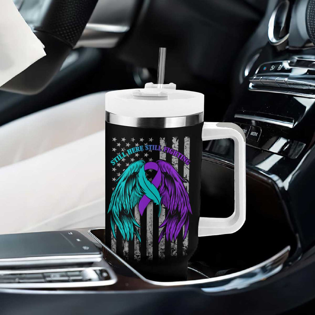Suicide Prevention Awareness Tumbler With Handle Teal Purple Ribbon Still Here Still Fighting American Flag Therapist Psychologist TB10 Print Your Wear