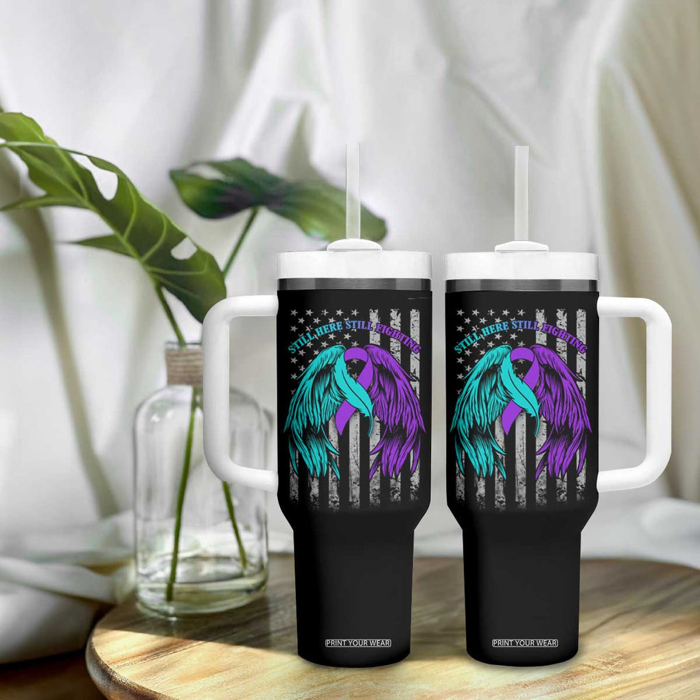 Suicide Prevention Awareness Tumbler With Handle Teal Purple Ribbon Still Here Still Fighting American Flag Therapist Psychologist TB10 Print Your Wear