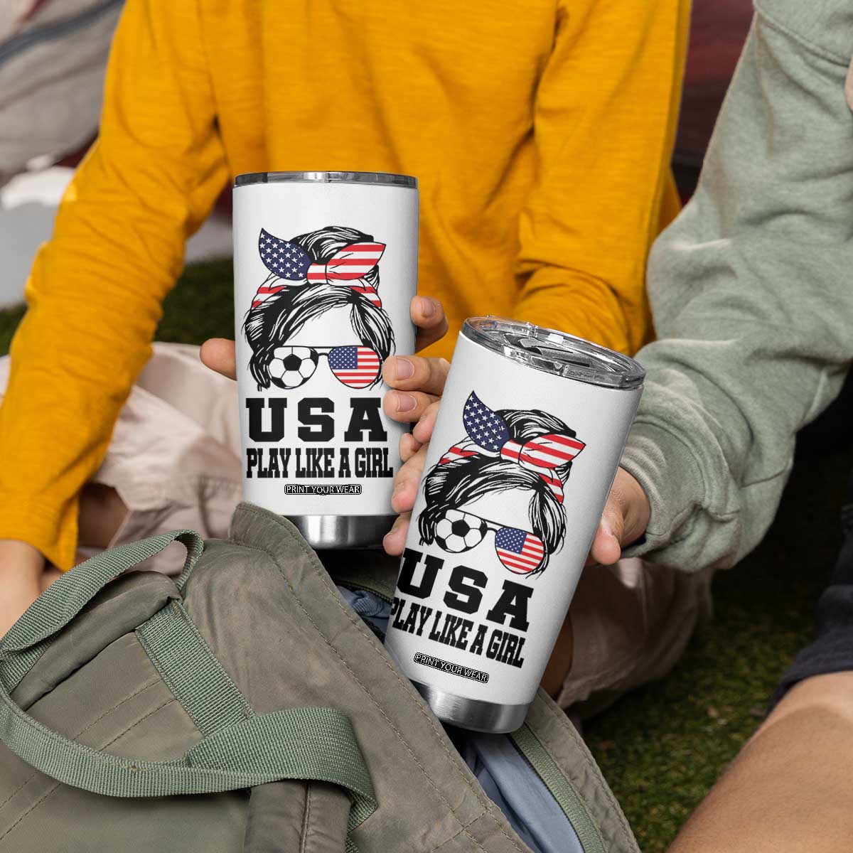 Soccer Girl Tumbler Cup Play Like A Girl USA Flag Messy Bun TB10 Print Your Wear