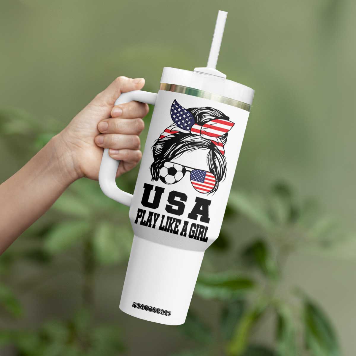 Soccer Girl Tumbler With Handle Play Like A Girl USA Flag Messy Bun TB10 Print Your Wear