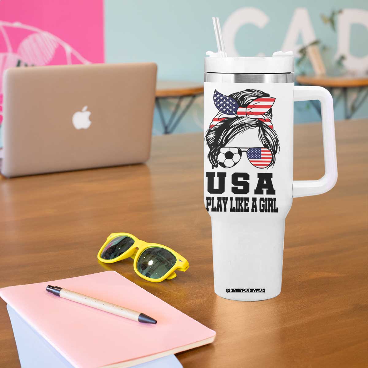 Soccer Girl Tumbler With Handle Play Like A Girl USA Flag Messy Bun TB10 Print Your Wear