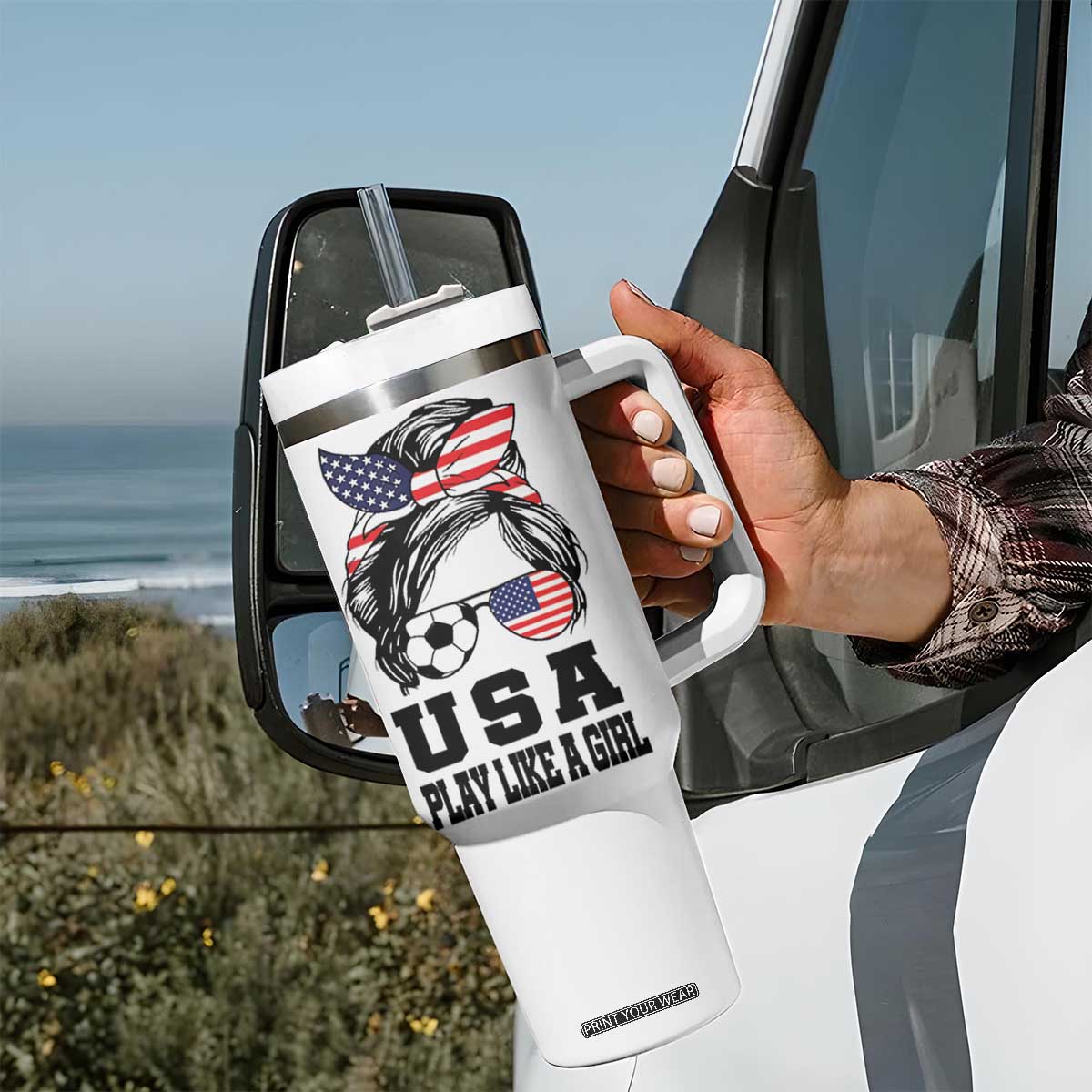 Soccer Girl Tumbler With Handle Play Like A Girl USA Flag Messy Bun TB10 Print Your Wear