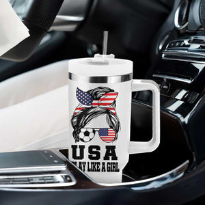 Soccer Girl Tumbler With Handle Play Like A Girl USA Flag Messy Bun TB10 Print Your Wear