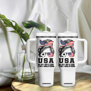 Soccer Girl Tumbler With Handle Play Like A Girl USA Flag Messy Bun TB10 Print Your Wear