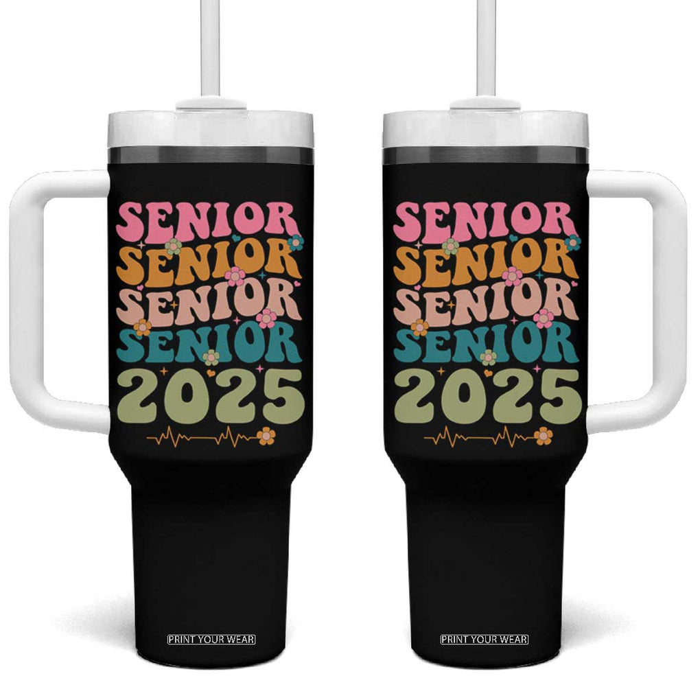 Senior 2025 Tumbler With Handle Class of 2025 Graduation Back To School Graduate Retro Groovy TB10 One Size: 40 oz Black Print Your Wear