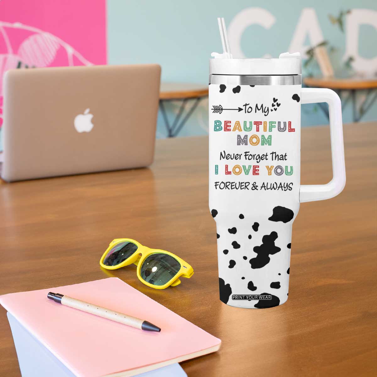 Mothers Day Mom Gifts Tumbler With Handle I Love You Mom Gift From Daughter Son Cow Print TB10 Print Your Wear