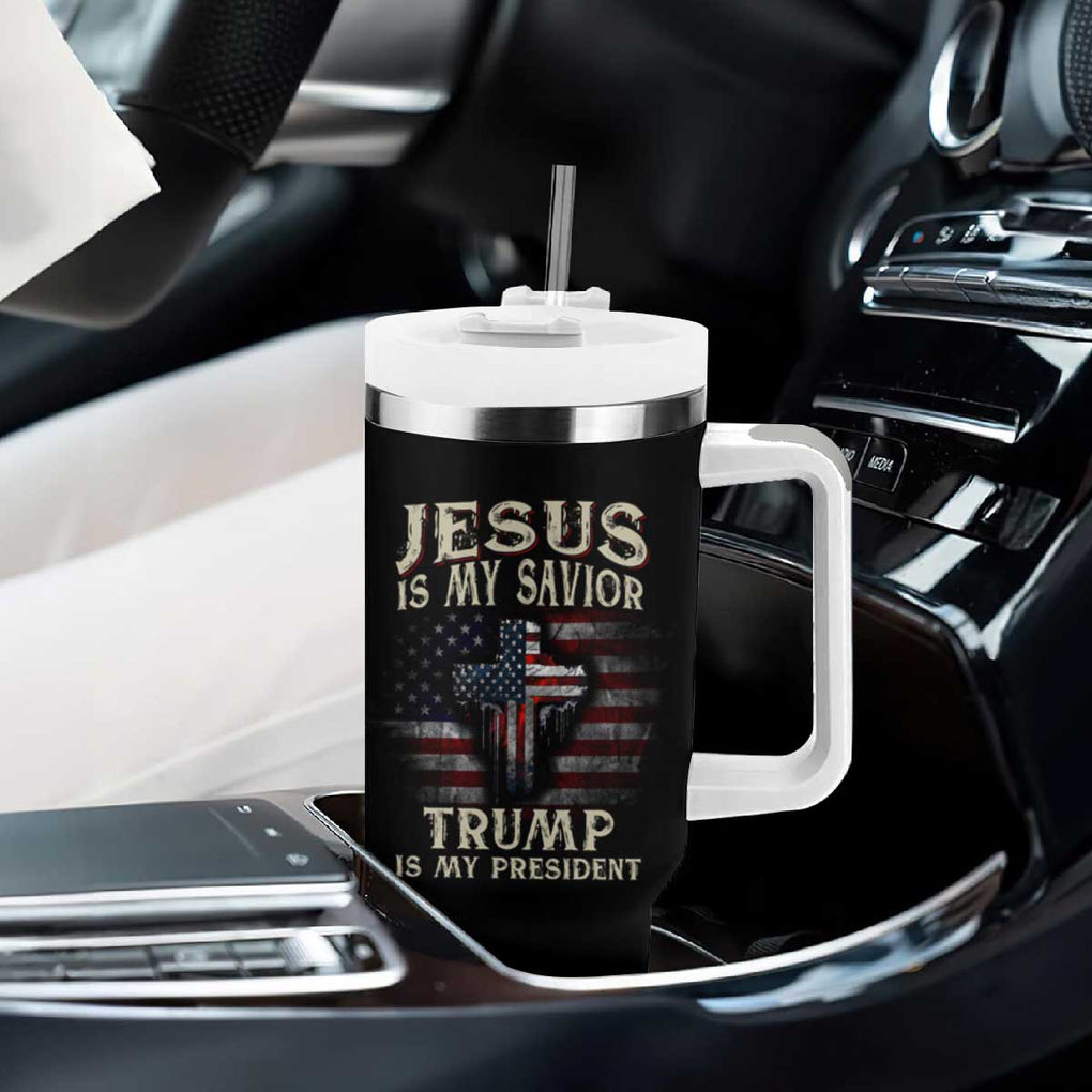 Trump 2024 Christian Tumbler With Handle Jesus Is My Savior Trump Is My President American Flag TB10 Print Your Wear