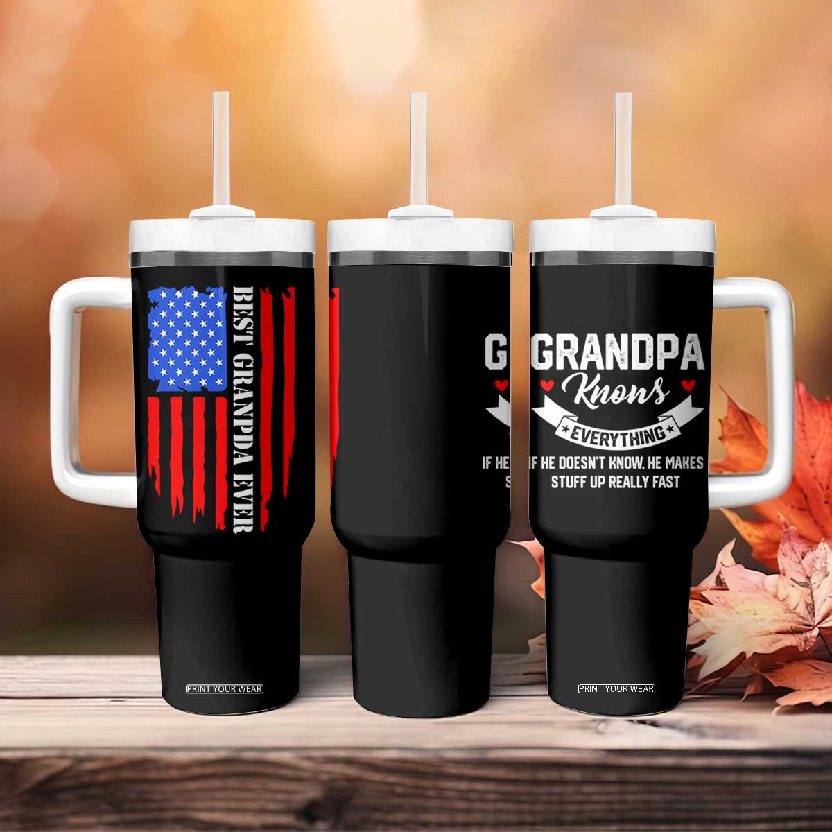 Best Grandpa Ever Tumbler With Handle Grandpa Knows Everything Grandfather Fathers Day Gift US Flag TB10 Print Your Wear