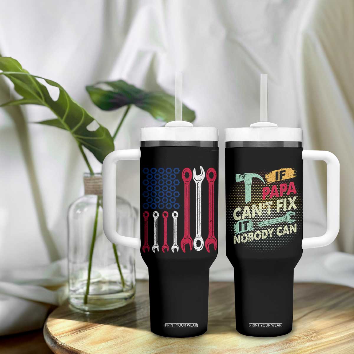 Father's Day Gift Tumbler With Handle If Papa Can't Fix It No One Can USA Flag Mechanic TB10 Print Your Wear