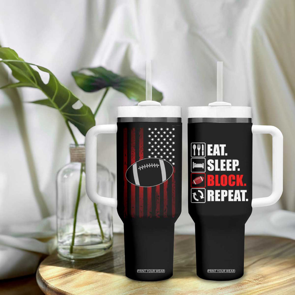 Football Lineman Tumbler With Handle Eat Sleep Block Repeat Patriotic USA Flag Defensive Linemen Gift For Men TB10 Print Your Wear