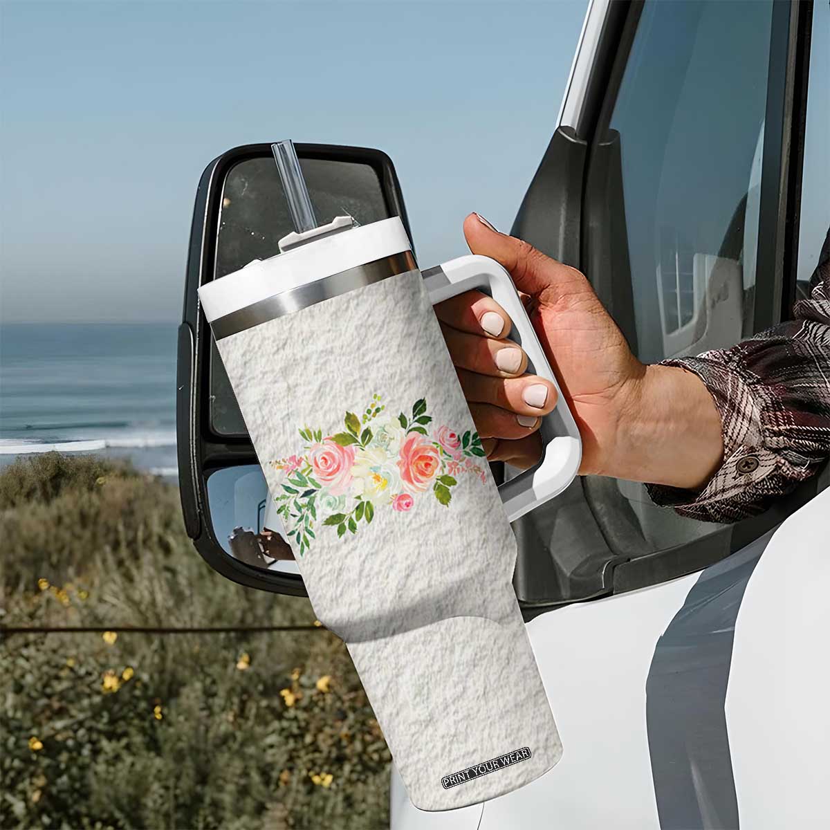 Abundant Blooms Tumbler With Handle Soft Pink Rose Bouquet Garden Aesthetic Elegant Floral TB10 Print Your Wear