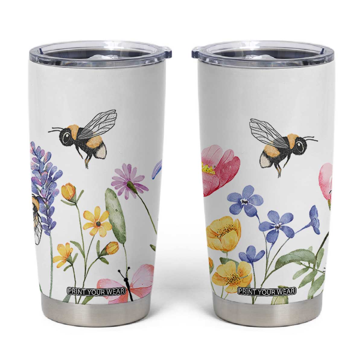 Vintage Spring Wildflower Tumbler Cup Bees Butterflies Floral Meadow TB10 White Print Your Wear