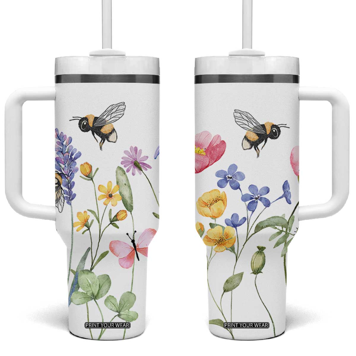 Vintage Spring Wildflower Tumbler With Handle Bees Butterflies Floral Meadow TB10 One Size: 40 oz White Print Your Wear