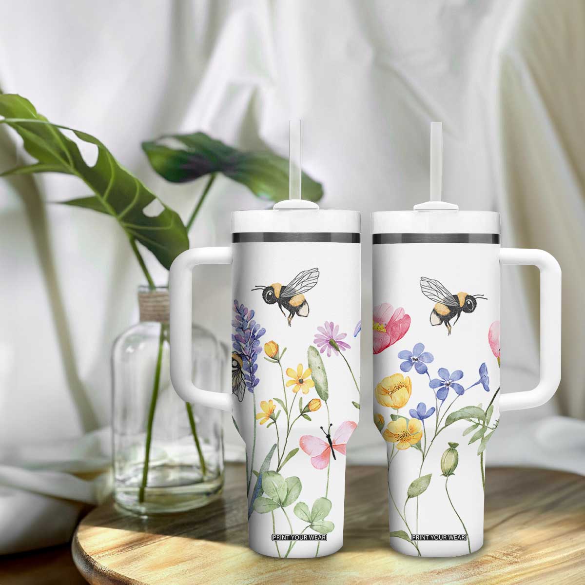 Vintage Spring Wildflower Tumbler With Handle Bees Butterflies Floral Meadow TB10 Print Your Wear