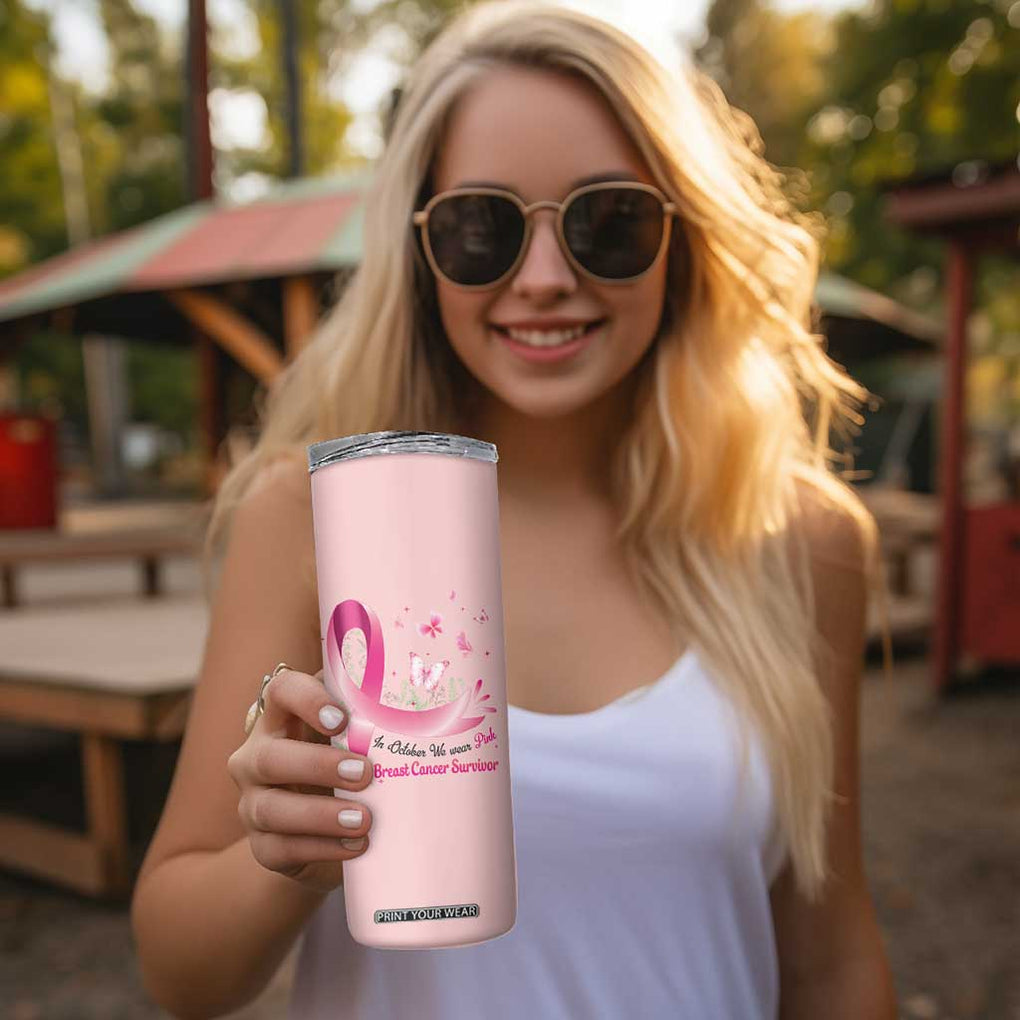 Breast Cancer Awareness Skinny Tumbler In October We Wear Pink Cute Gnome TB10 Print Your Wear