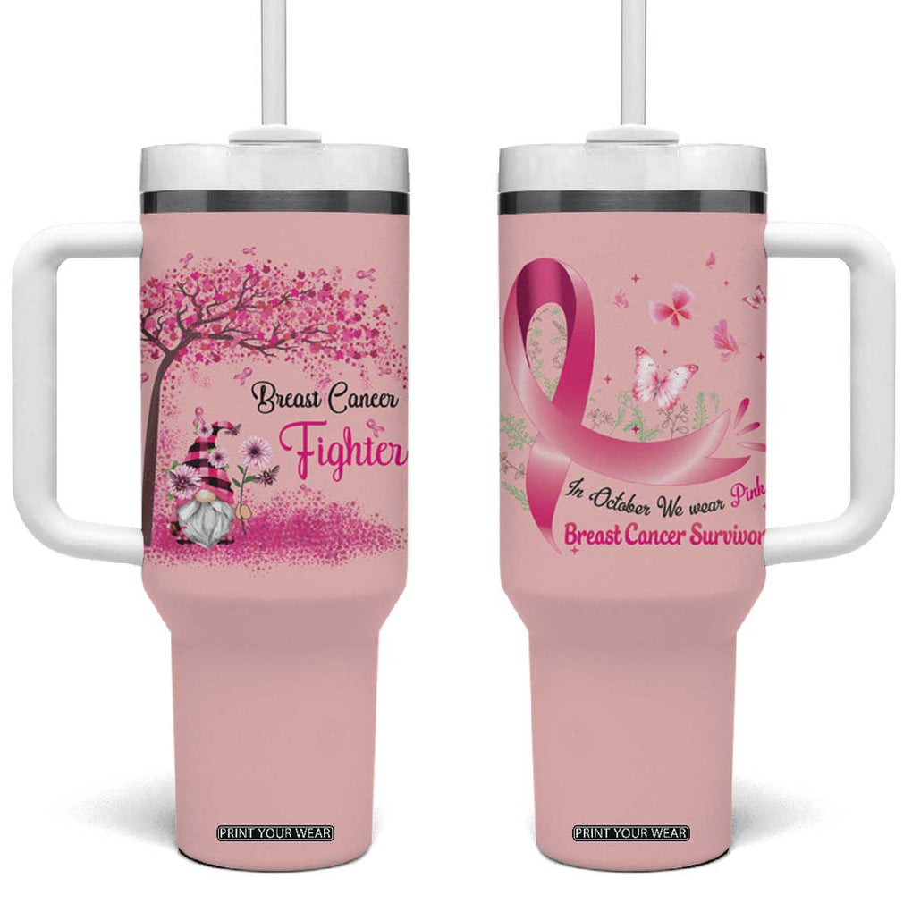 Breast Cancer Awareness Tumbler With Handle In October We Wear Pink Cute Gnome TB10 One Size: 40 oz Pink Print Your Wear