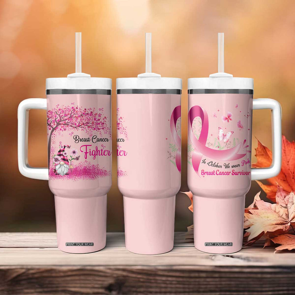 Breast Cancer Awareness Tumbler With Handle In October We Wear Pink Cute Gnome TB10 Print Your Wear