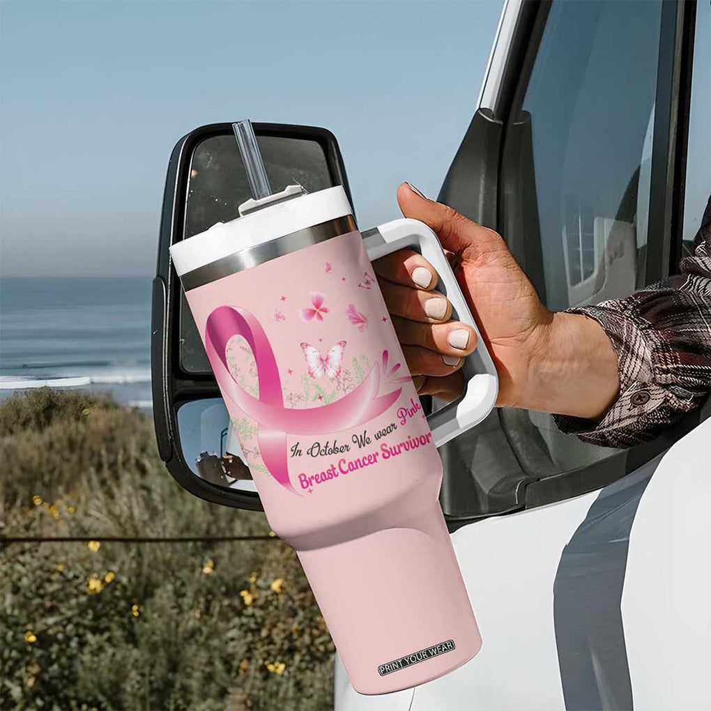 Breast Cancer Awareness Tumbler With Handle In October We Wear Pink Cute Gnome TB10 Print Your Wear