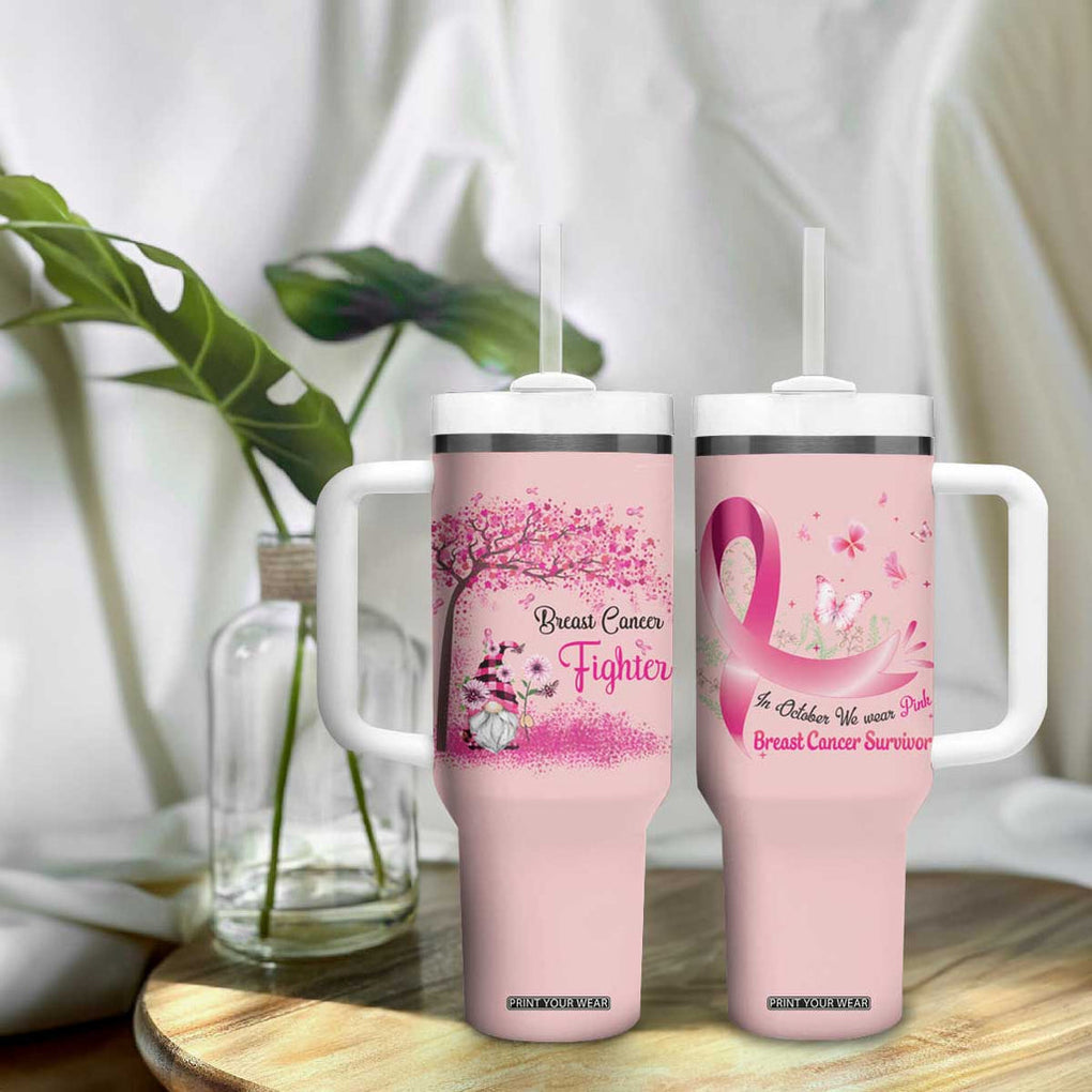 Breast Cancer Awareness Tumbler With Handle In October We Wear Pink Cute Gnome TB10 Print Your Wear