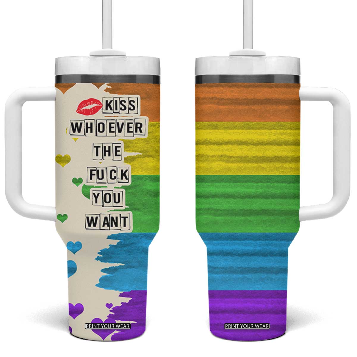 LGBTQ Pride Tumbler With Handle Kiss Whoever The Fuck You Want LGBT Rainbow Flag TB10 One Size: 40 oz Rainbow Print Your Wear