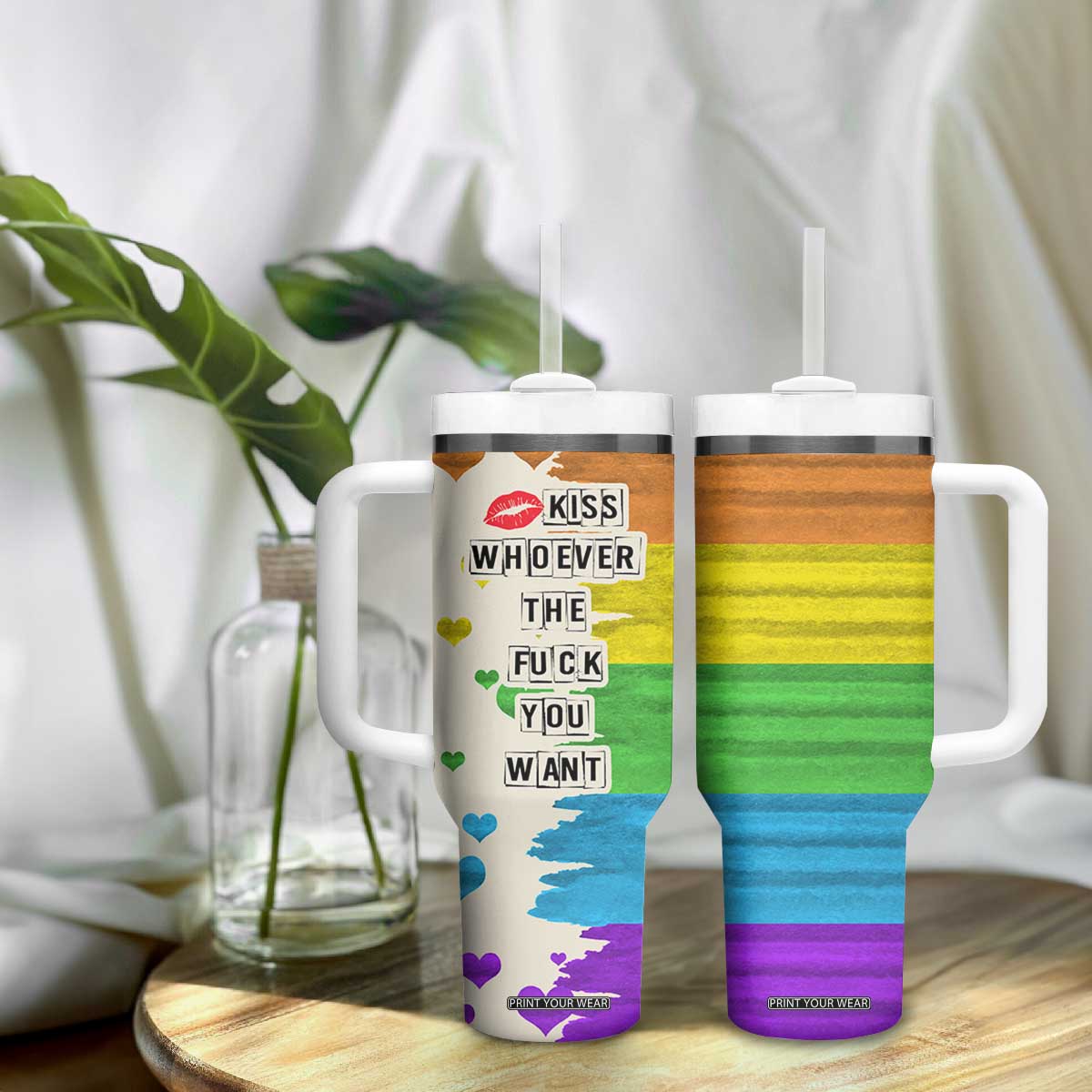 LGBTQ Pride Tumbler With Handle Kiss Whoever The Fuck You Want LGBT Rainbow Flag TB10 Print Your Wear