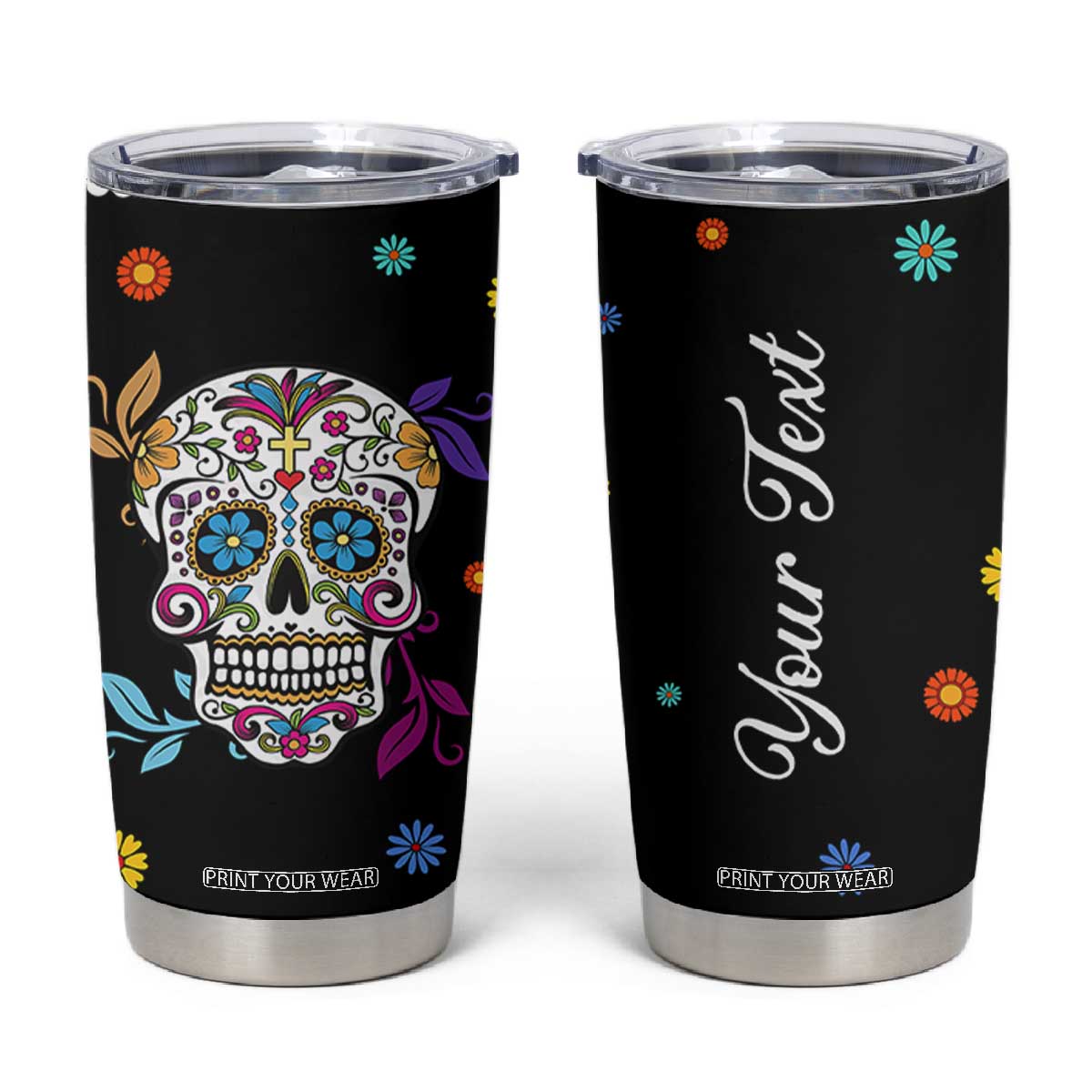 Personalized Sugar Skull Tumbler Cup Custom Name Flower Gothic Gifts For Latina Mexican Girls Women TB10 Black Print Your Wear
