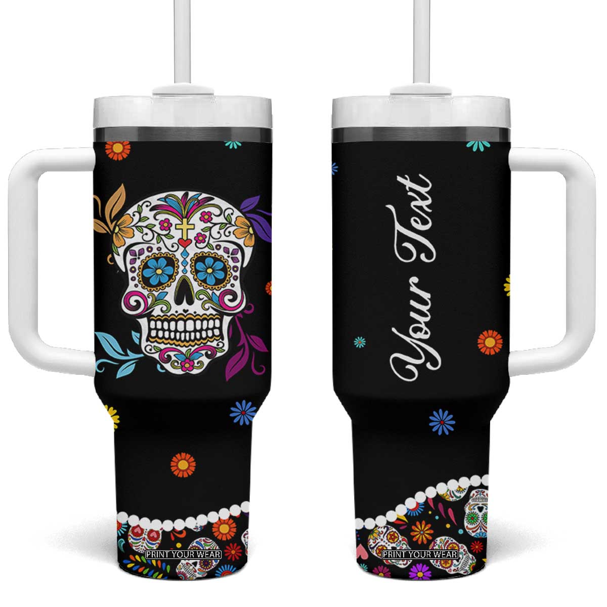 Personalized Sugar Skull Tumbler With Handle Custom Name Flower Gothic Gifts For Latina Mexican Girls Women TB10 One Size: 40 oz Black Print Your Wear