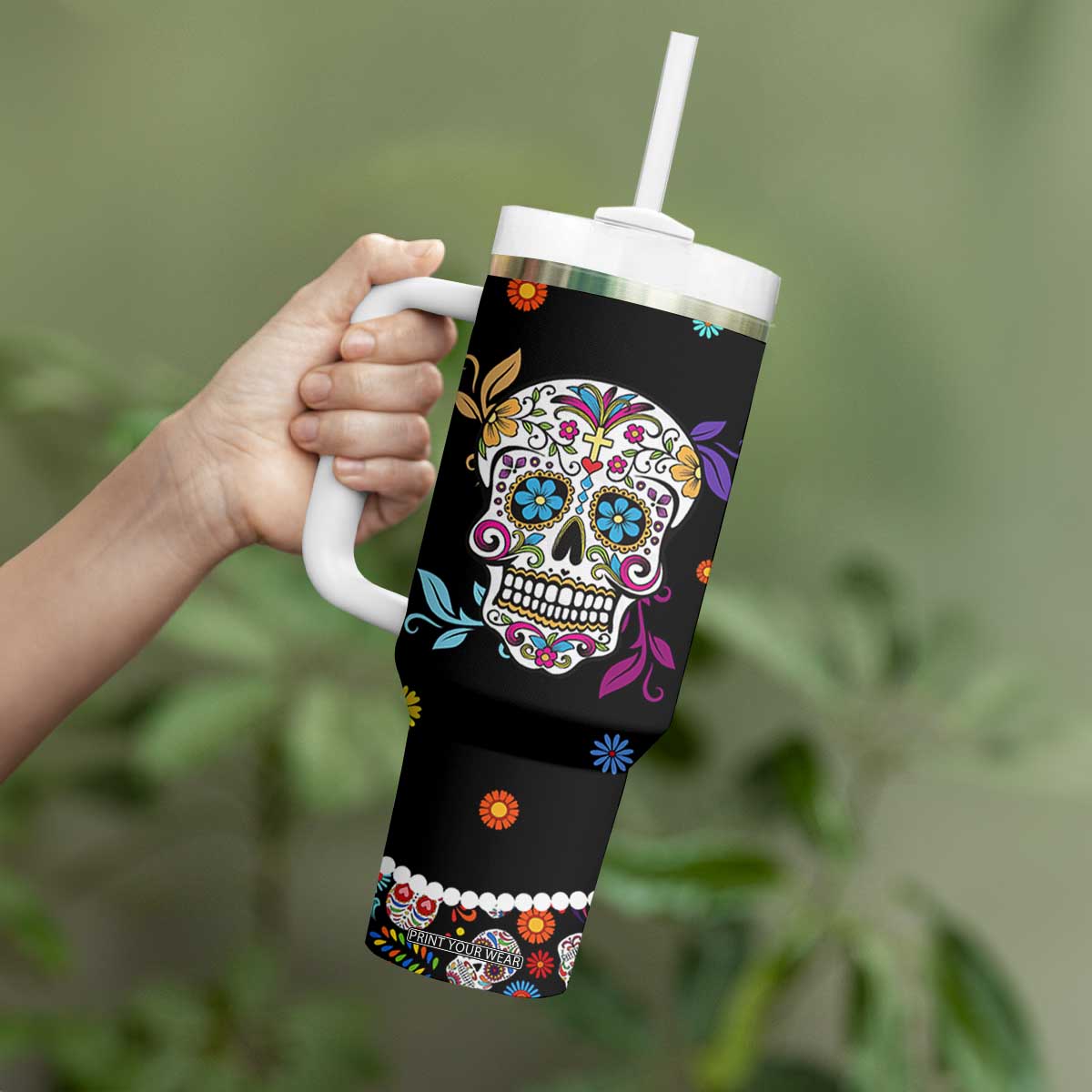 Personalized Sugar Skull Tumbler With Handle Custom Name Flower Gothic Gifts For Latina Mexican Girls Women TB10 Print Your Wear