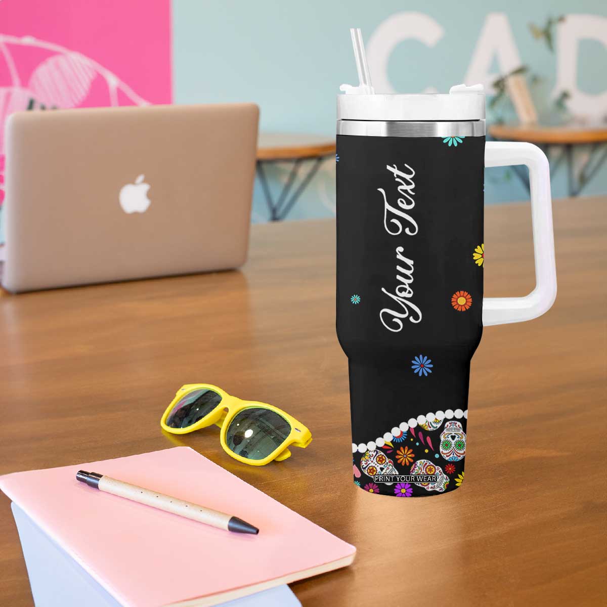 Personalized Sugar Skull Tumbler With Handle Custom Name Flower Gothic Gifts For Latina Mexican Girls Women TB10 Print Your Wear