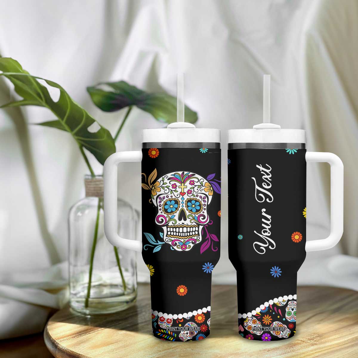 Personalized Sugar Skull Tumbler With Handle Custom Name Flower Gothic Gifts For Latina Mexican Girls Women TB10 Print Your Wear
