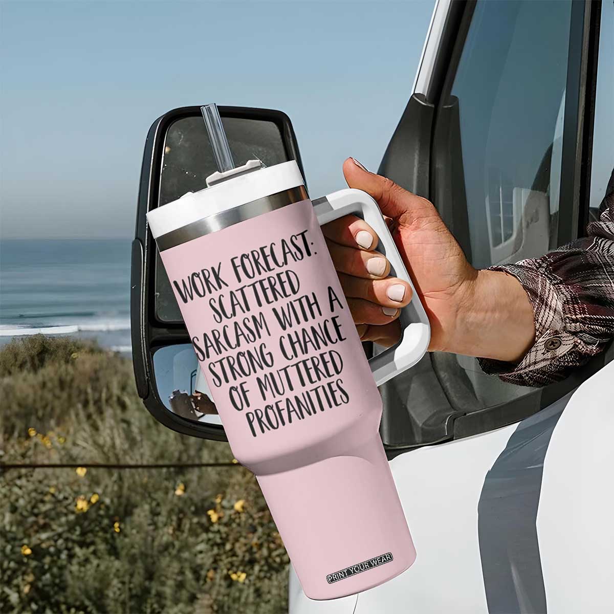 Funny Coworker Gifts Tumbler With Handle Work Forecast Sarcastic Gag Present for Boss Employer Pink TB10 Print Your Wear