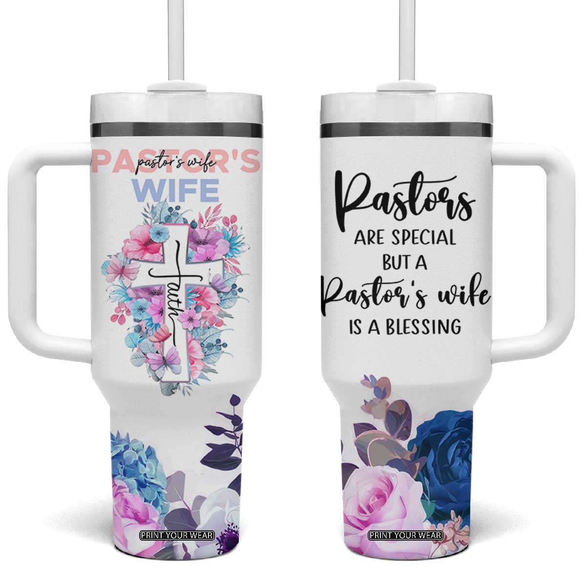 Gifts For Pastor Wife Tumbler With Handle Pastors Wives Flower Cross Christian Gifts For Women TB10 One Size: 40 oz White Print Your Wear
