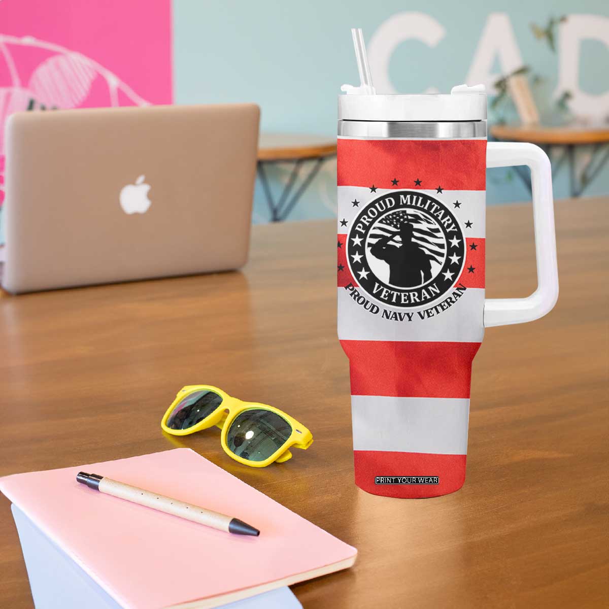 Proud Navy Veteran Tumbler With Handle American Flag Eagle Military Gifts TB10 Print Your Wear