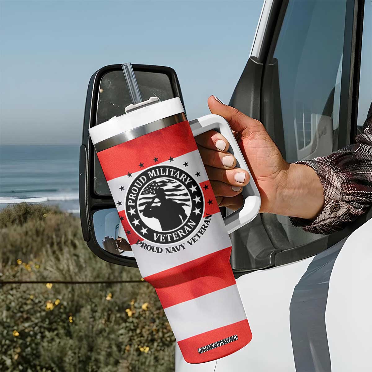 Proud Navy Veteran Tumbler With Handle American Flag Eagle Military Gifts TB10 Print Your Wear