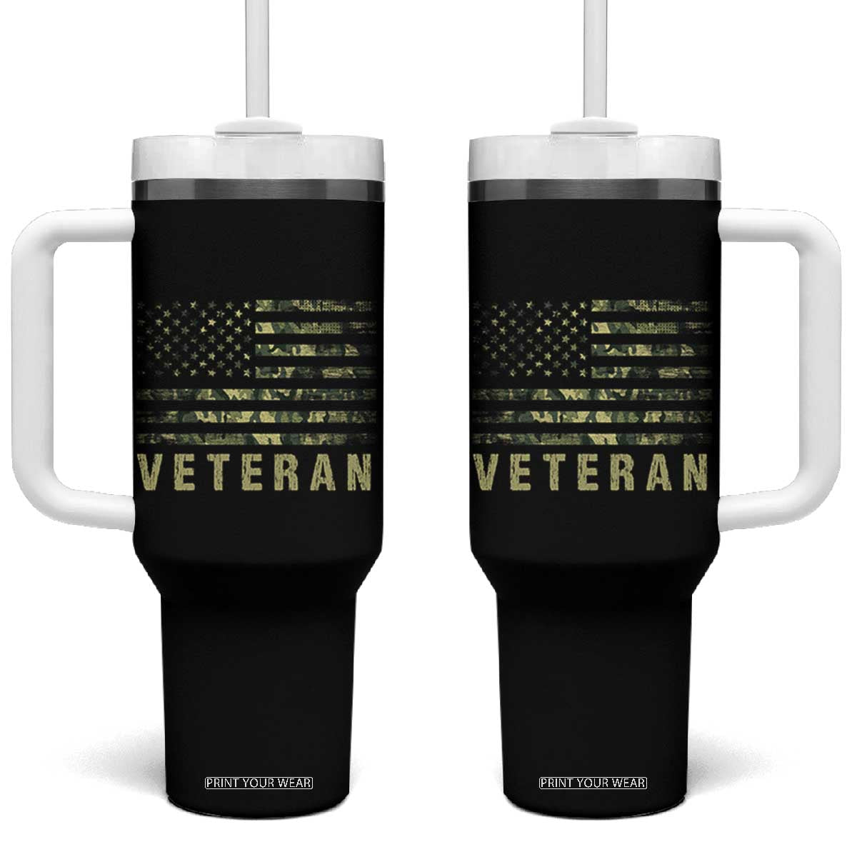 Veteran Tumbler With Handle Distressed Camouflage US Flag Veteran Army Military TB10 One Size: 40 oz Black Print Your Wear