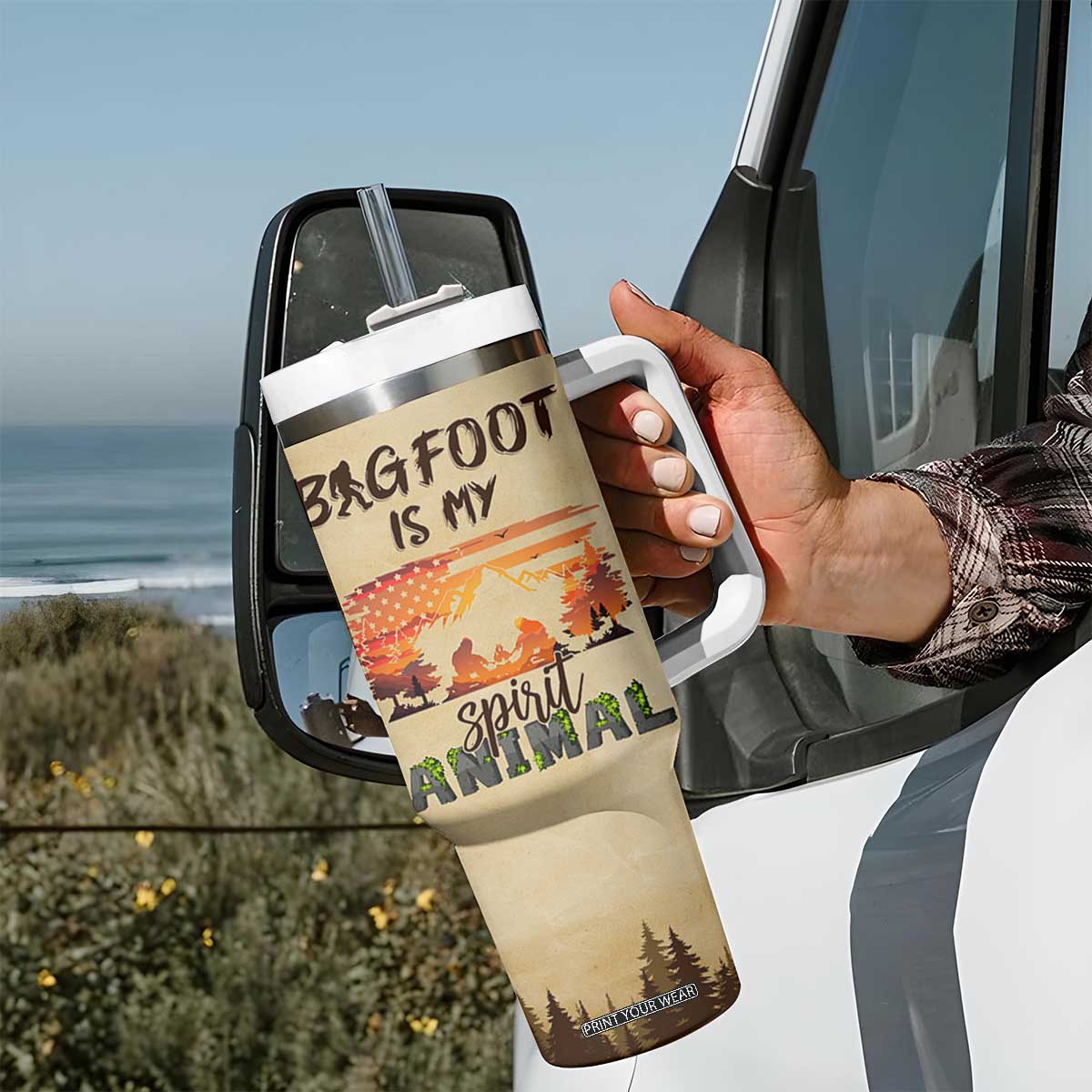 Bigfoot Tumbler With Handle Sasquatch Lover Campfire Outdoor Camping Nature Gift TB10 Print Your Wear