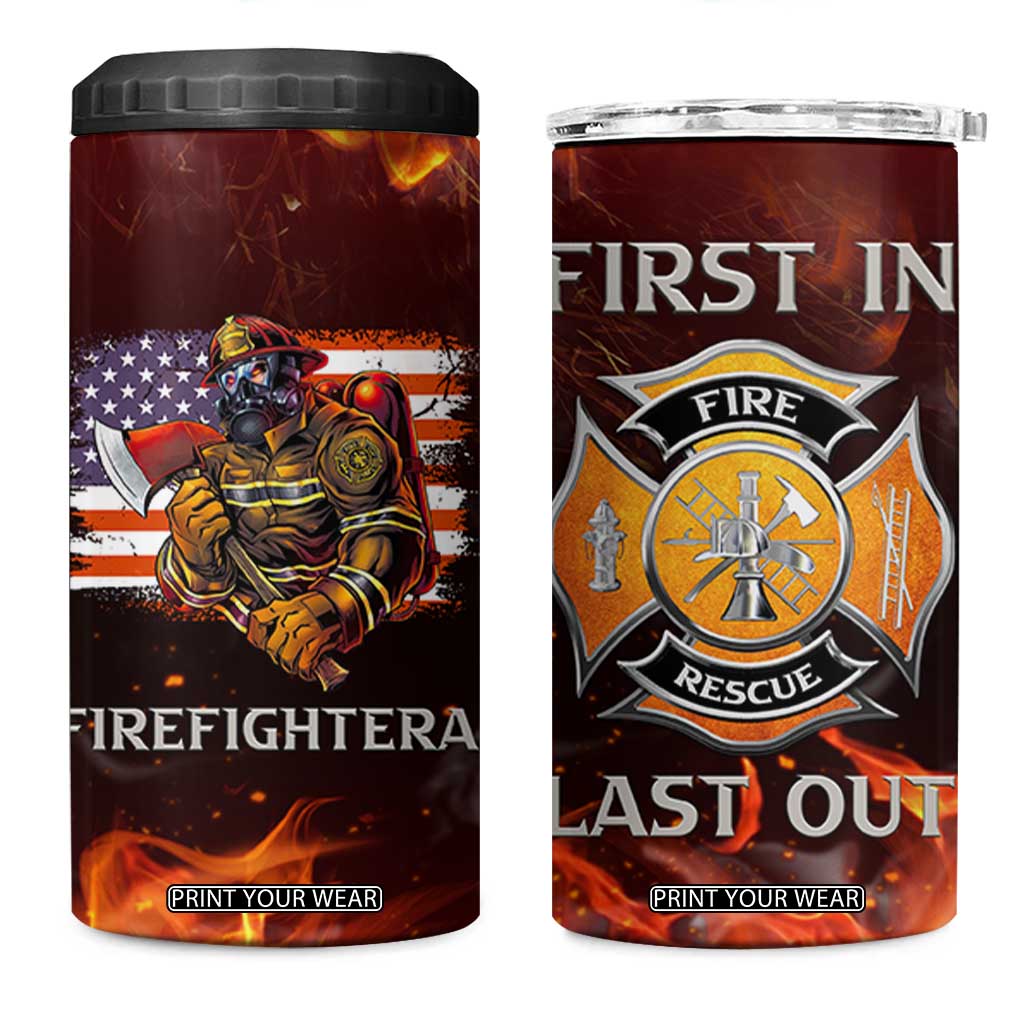 Firefighter Gifts For Men 4 in 1 Can Cooler Tumbler First In Last Out American Flag TB10 One Size: 16 oz Orange Print Your Wear