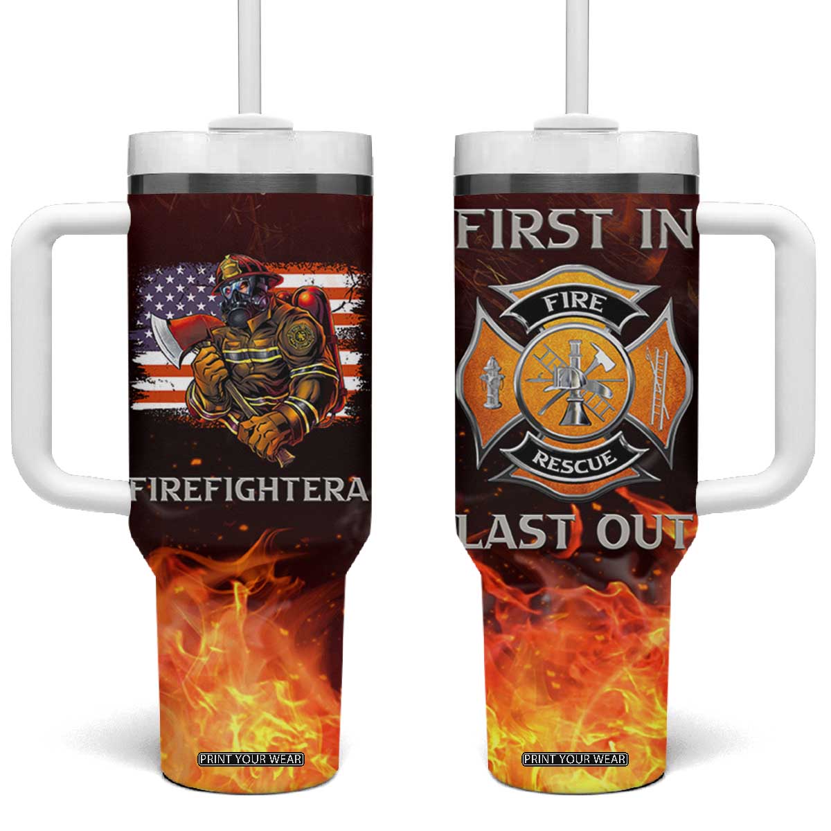 Firefighter Gifts For Men Tumbler With Handle First In Last Out American Flag TB10 One Size: 40 oz Orange Print Your Wear
