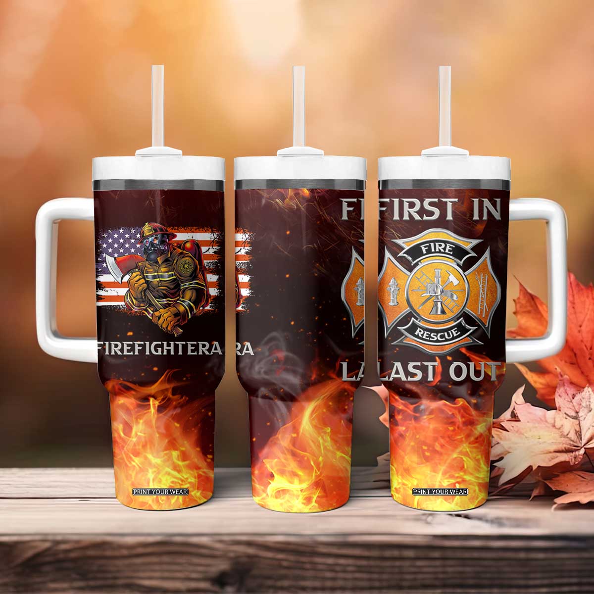Firefighter Gifts For Men Tumbler With Handle First In Last Out American Flag TB10 Print Your Wear
