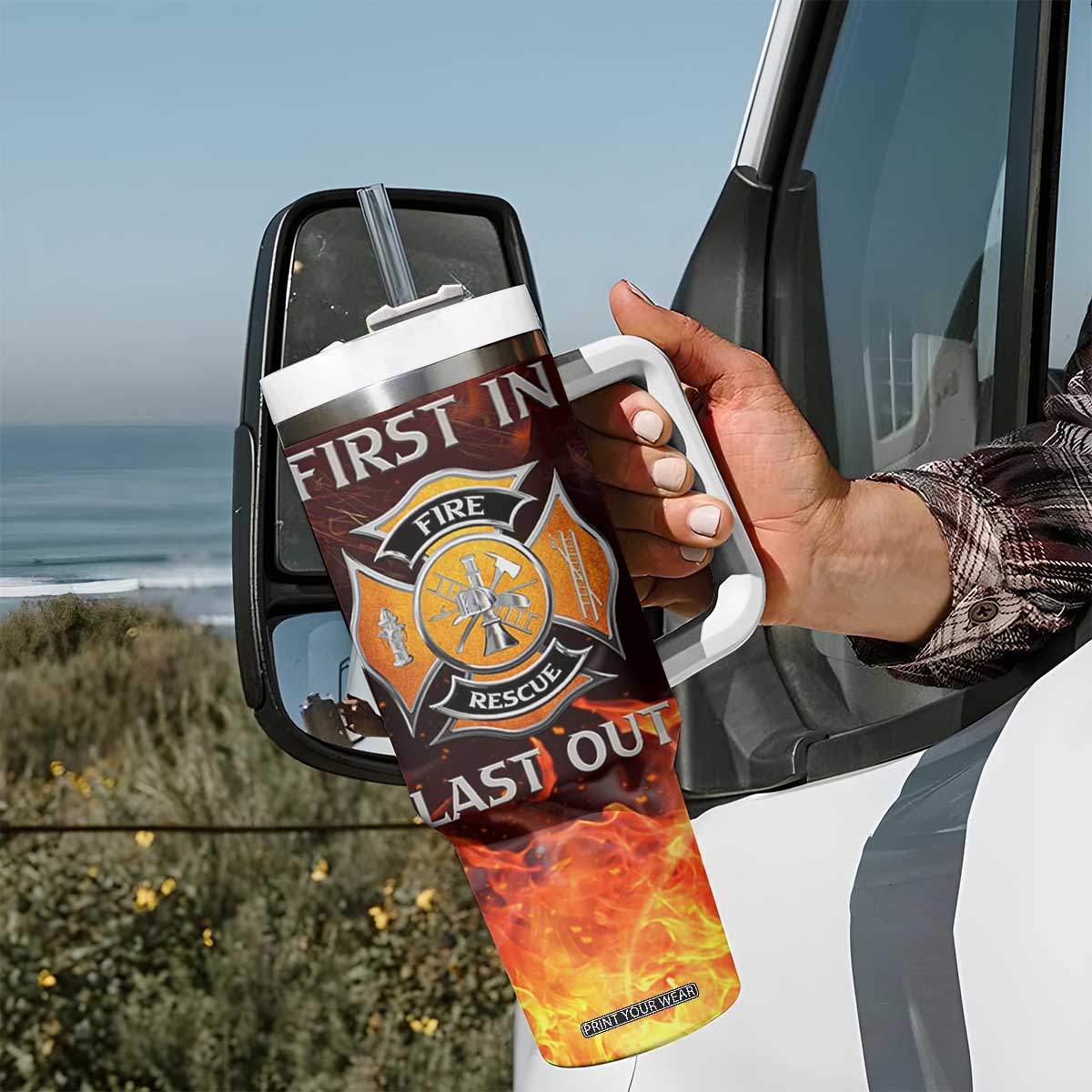 Firefighter Gifts For Men Tumbler With Handle First In Last Out American Flag TB10 Print Your Wear