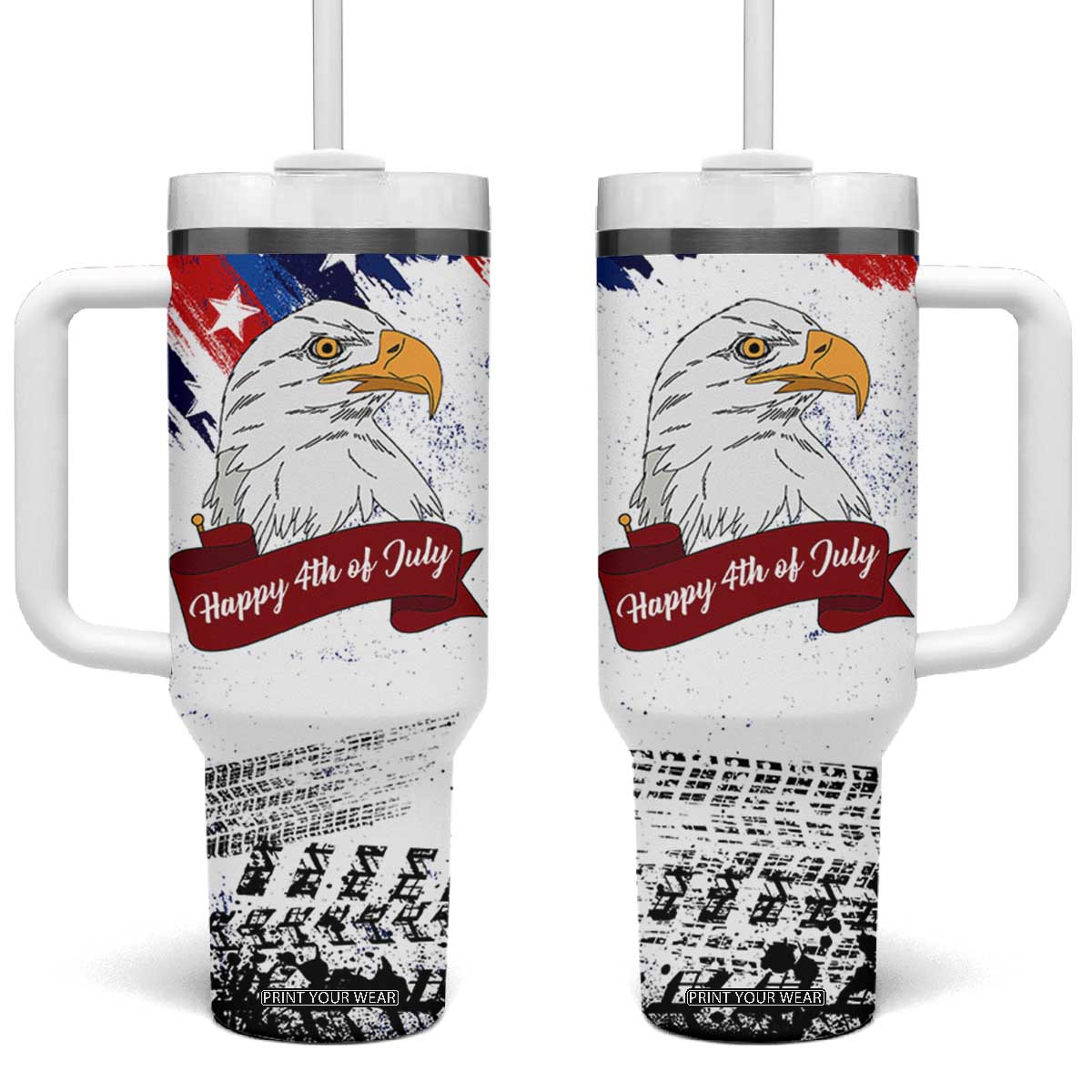 Happy 4th Of July Tumbler With Handle USA American Flag Bald Eagle Patriotic Red White Blue TB10 One Size: 40 oz White Print Your Wear