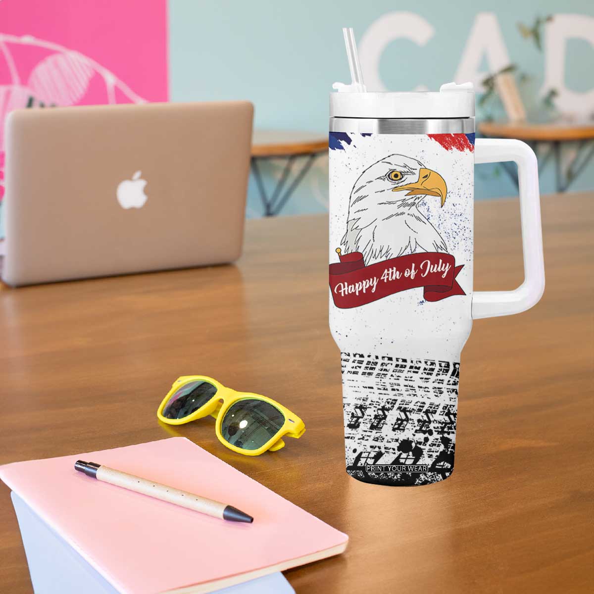 Happy 4th Of July Tumbler With Handle USA American Flag Bald Eagle Patriotic Red White Blue TB10 Print Your Wear