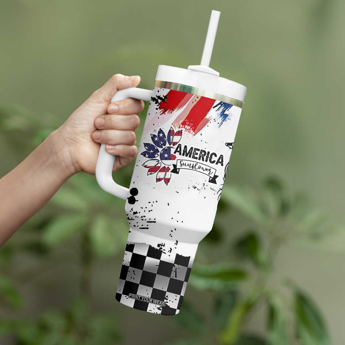 Happy 4th Of July Tumbler With Handle America Sunflower Flag American Patriotic Flower TB10 Print Your Wear