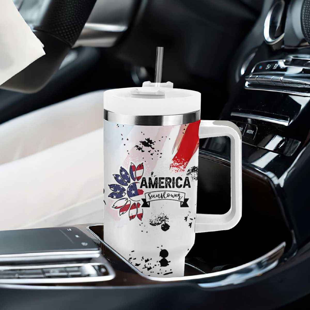Happy 4th Of July Tumbler With Handle America Sunflower Flag American Patriotic Flower TB10 Print Your Wear