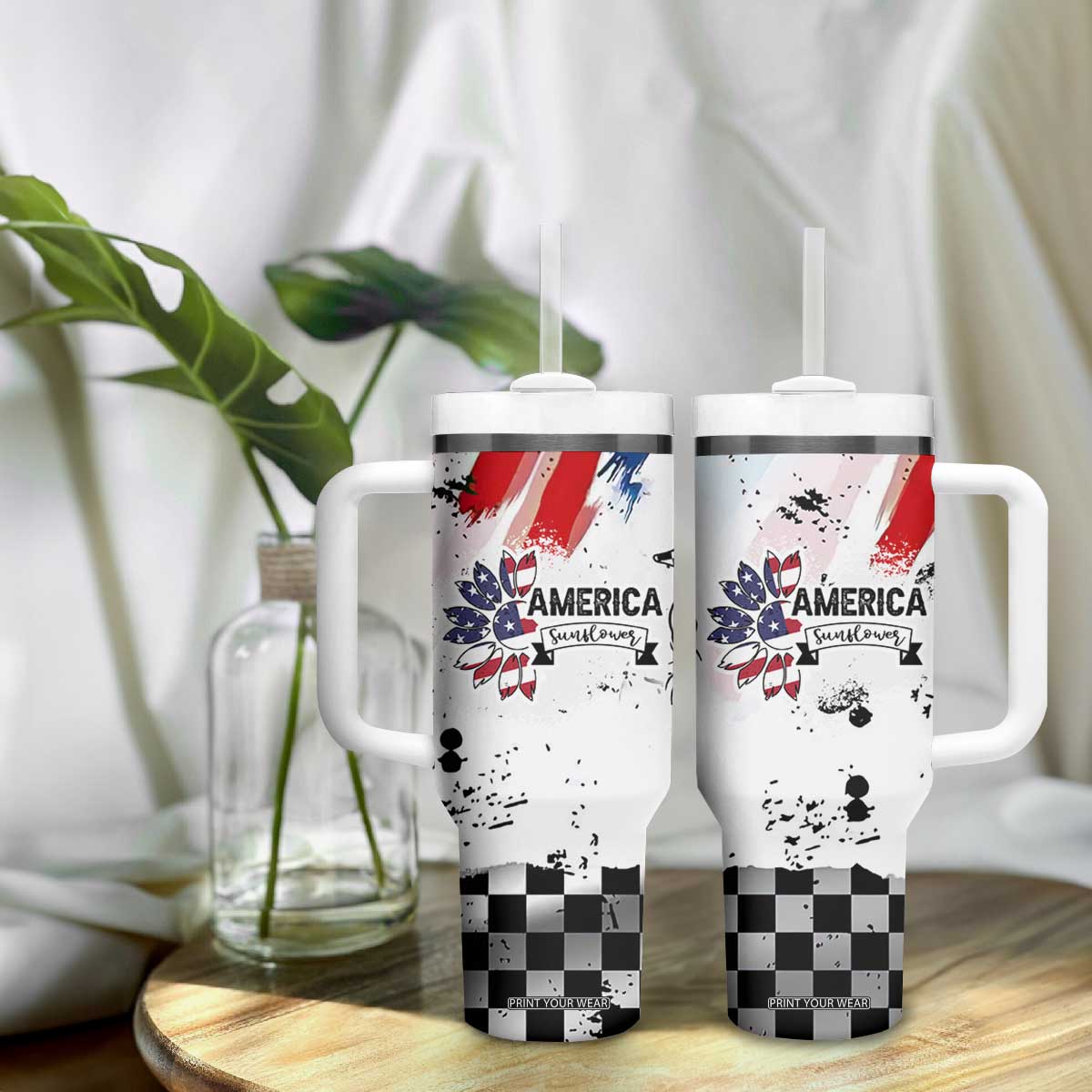 Happy 4th Of July Tumbler With Handle America Sunflower Flag American Patriotic Flower TB10 Print Your Wear