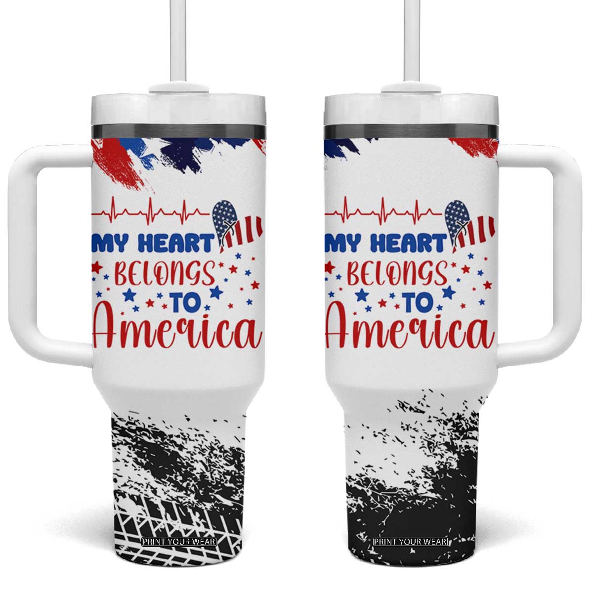 My Heart Belongs To America Patriotic Tumbler With Handle 4th Of July Independence Day American Flag TB10 One Size: 40 oz White Print Your Wear