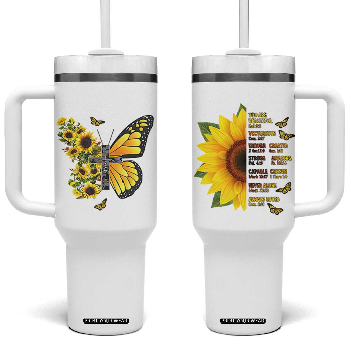 Sunflower Christian Gifts for Women Tumbler With Handle Flower Inspiration Religious Bible Verse Encouragement TB10 One Size: 40 oz White Print Your Wear