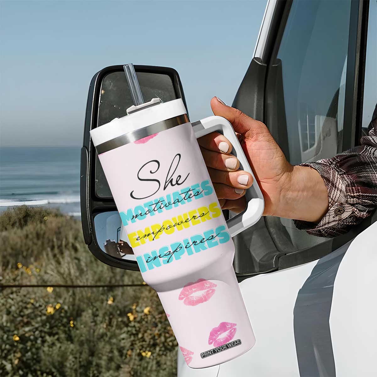 Boss Gifts for Women Tumbler With Handle She Motivates Inspires Empowers Christmas Birthday Gift TB10 Print Your Wear